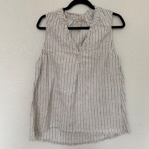 XCVI Womens Blue White Striped 100% Linen Sleeveless V-Neck Top Size M 14369
